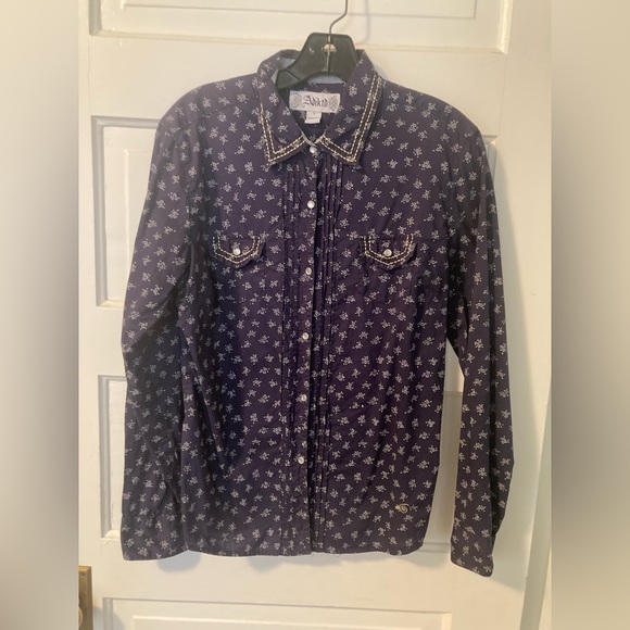 Ariat Tops - Adiktd Navy Western-Style Pearl Snap Button-Down Shirt with White Print. Large.